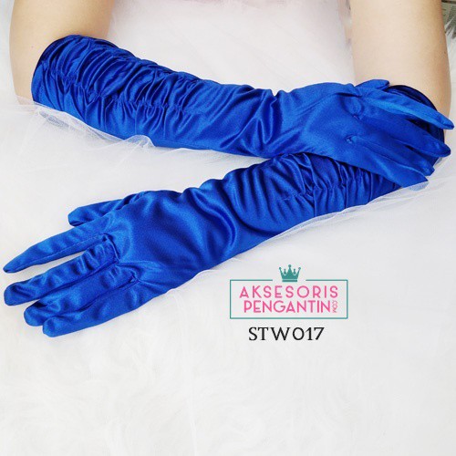 [BISA COD] SARUNG TANGAN AKSESORIS PENGANTIN WEDDING GLOVES SATIN PANJANG BIRU STW017