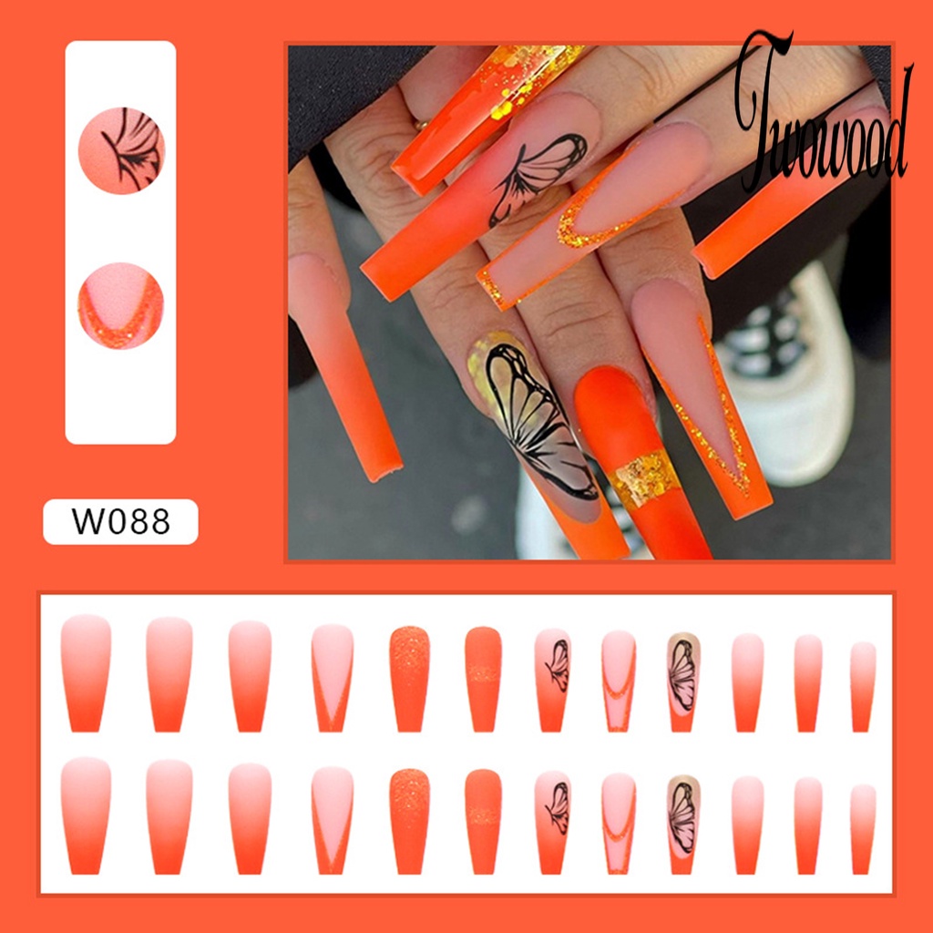 Twowood 24Pcs / Set Kuku Palsu Motif Kupu-Kupu Bahan ABS Tahan Pudar Untuk Nail Art / Manicure