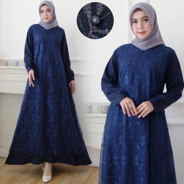 BAJU GAMIS PESTA / GAMIS NAVY DONGKER/ GAMIS BRUKAT / GAMIS BROKAT IMPOR / GAMIS TILE KOMBINASI