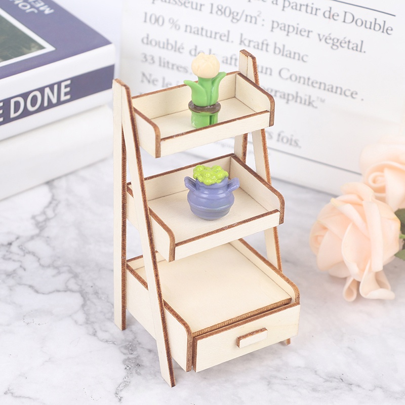 【beautifulhome12.id】1:12 Dollhouse Miniature Wood Shelf Flower Stand Doll House Furniture Model Toy