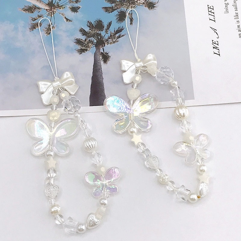 Ins Tali Lanyard Motif Kupu-Kupu Aksen Mutiara Imitasi Anti Hilang Untuk Aksesoris Handphone