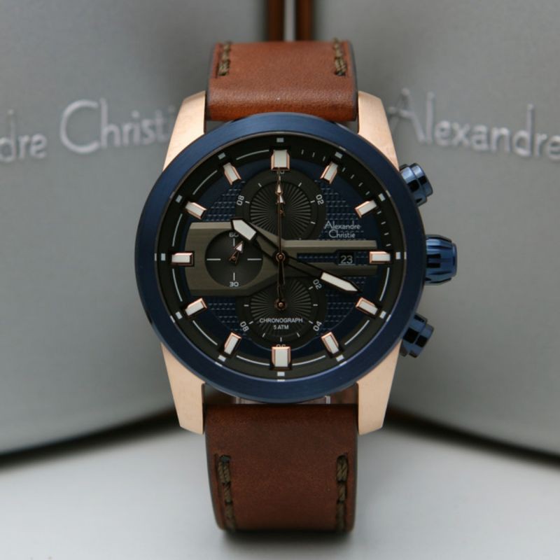 JAM TANGAN PRIA ALEXANDRE CHRISTIE AC 6562 ROSE GOLD BLUE LEATHER BROWN ORIGINAL