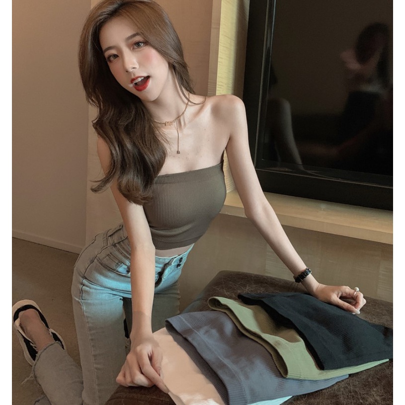 Tanktop 16 tank top atasan crop kemben strapless bra pakaian wanita rib knit dengan cup multiway-Coklat