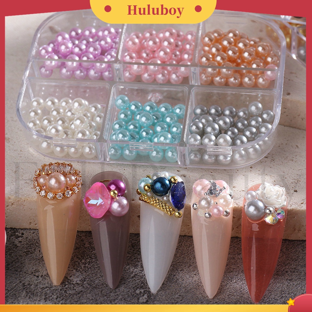 Huluboy Huluboy♡ 1 Kotak Manik-Manik Mutiara Imitasi 3D Bahan ABS Warna-Warni Untuk Dekorasi Nail Art