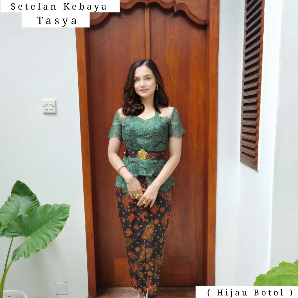 setelan kebaya bali brokat rang rang modifikasi tasya kebaya modern wisuda pesta-hijau botol-2