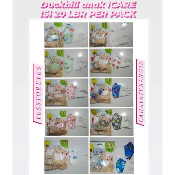 READY masker duckbill icare i care anak isi 20 per pack. Duckbill anak cewek cowok boy girl motif lucu earloop duck 3 ply motif princess bts dino superhero mobil