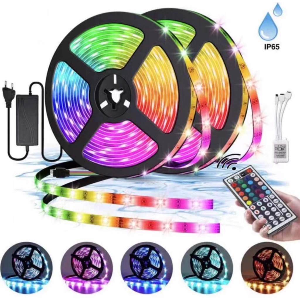 LAMPU LED STRIP 2835 3528  5050 5M 10M RGB SET WARNA WARNI IP44 AC 220V + ADAPTOR + REMOTE