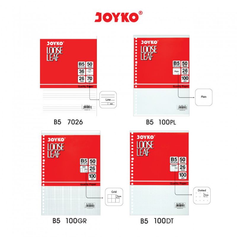 

LOOSE LEAF B5 JOYKO ISI 50 LEMBAR ( GARIS | KOTAK | TITIK | POLOS ) REFILL KERTAS BINDER B5 JOYKO ISI 50 LEMBAR | 100 gsm