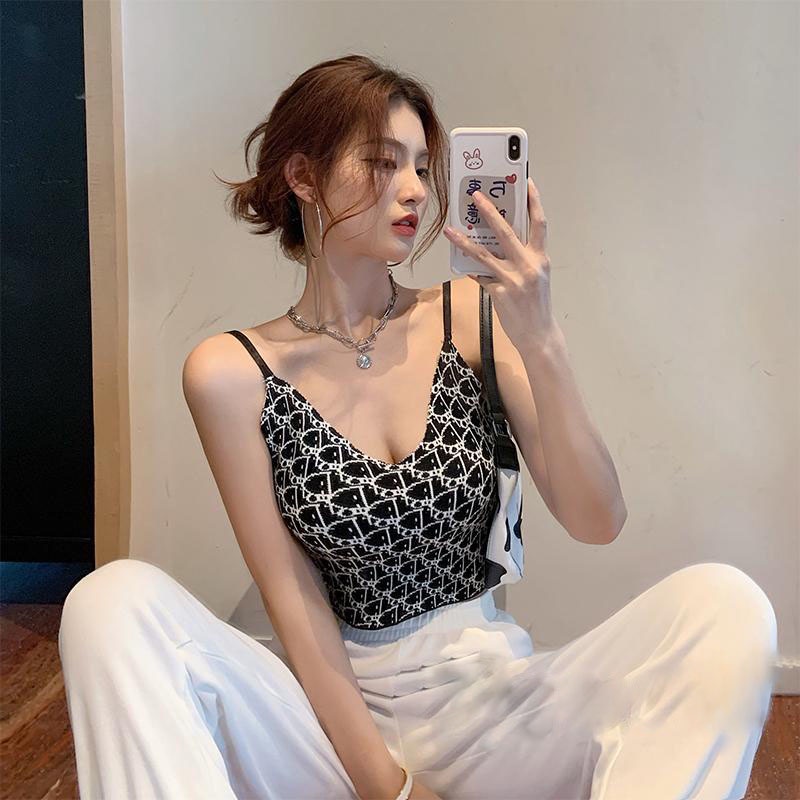 Tanktop Wanita Korea Kamisol motif Di*r Hitam Putih V neck Tali Adjustable Bra Dalika