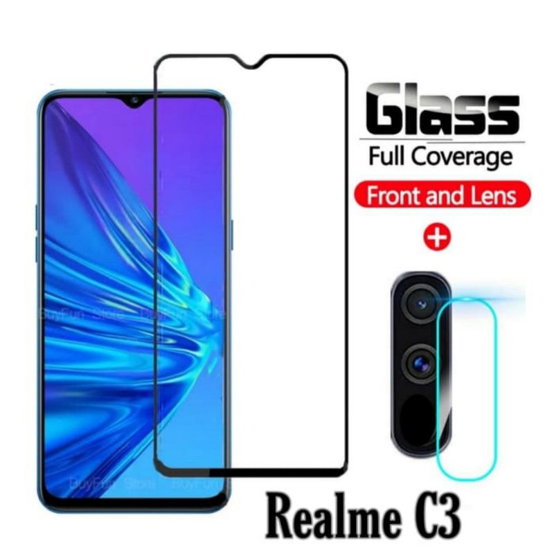 Tempered Glass Full Lem Realme C3 + Tg Camera Lensa 2in1