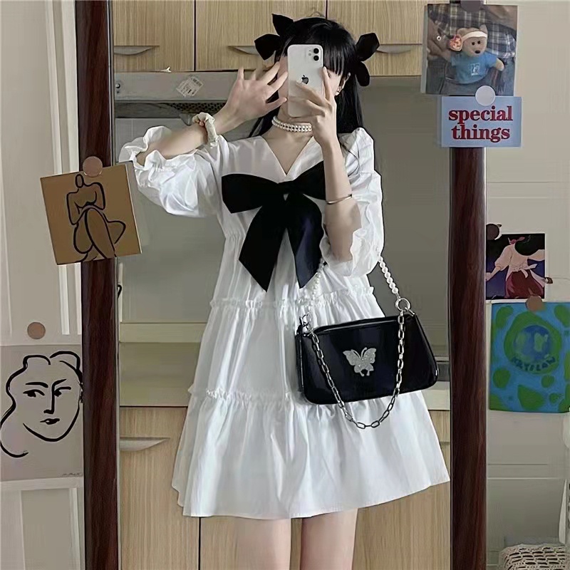 TBI Import Street Style Big Bow Midi Dress Korea Jana Loose Dress Model