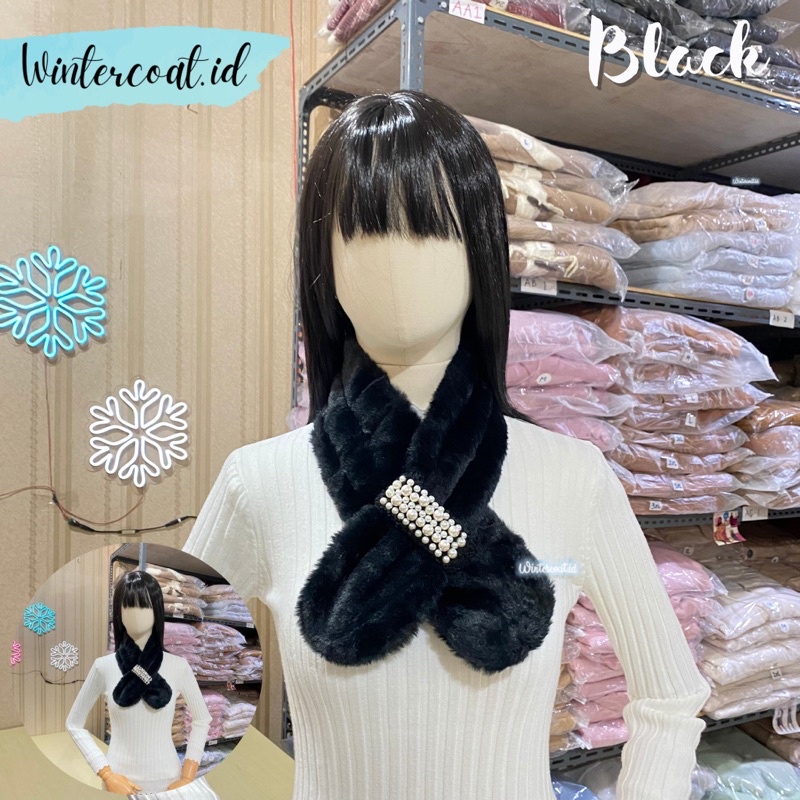 Fur scarf pearl syal bulu import hangat aksesoris mutiara korean style winter faux