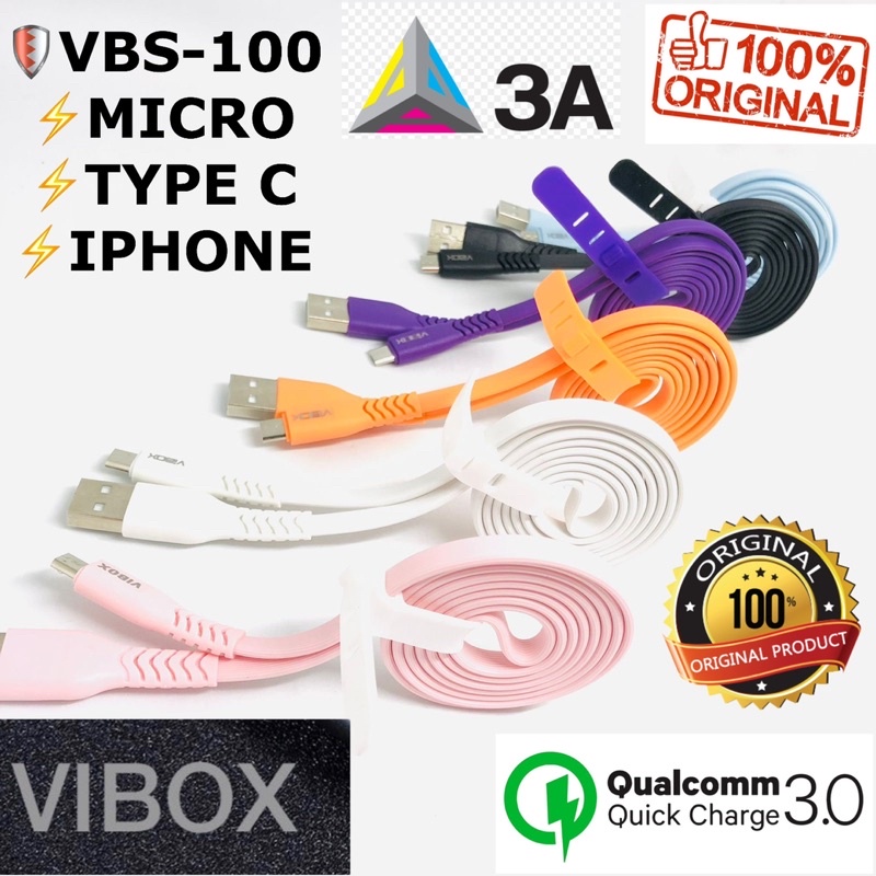GROSIR KABEL DATA VIBOX 100CM VBS100 3A MICRO TYPE C SOFT COLOUR NEW NONPACKING