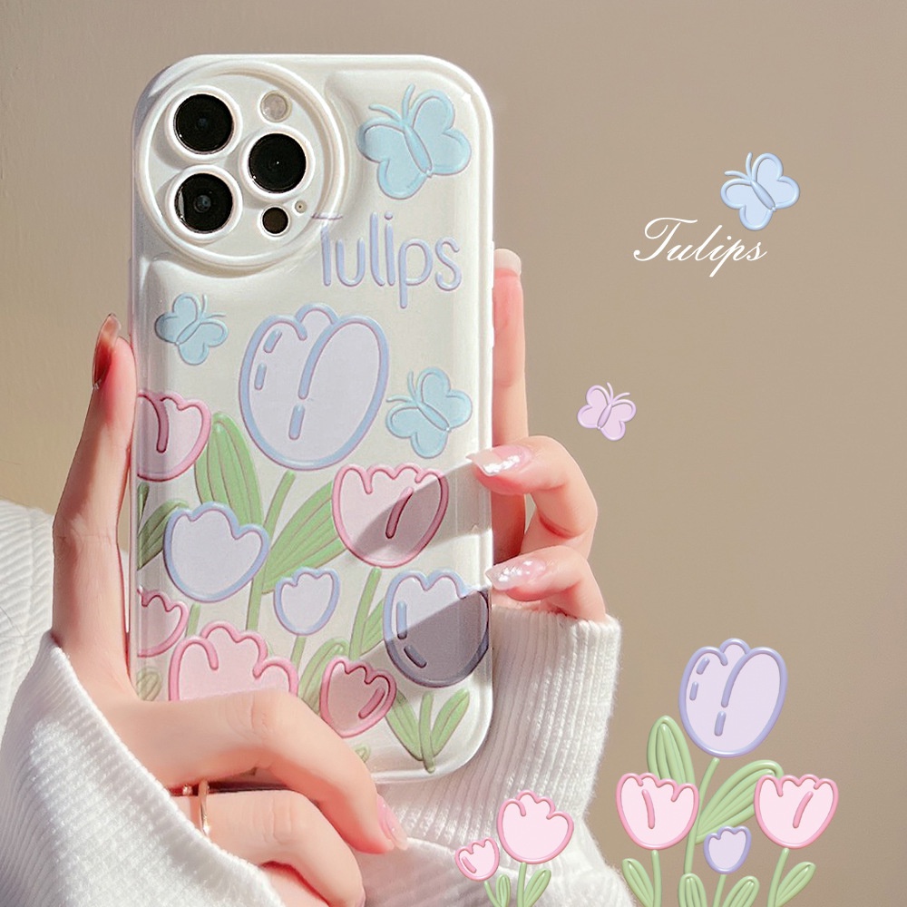 Case Pelindung Motif Bunga Tulip Warna Putih Untuk Iphone 7 8 Plus SE 2020 11 XS XR 12 13 PRO MAX