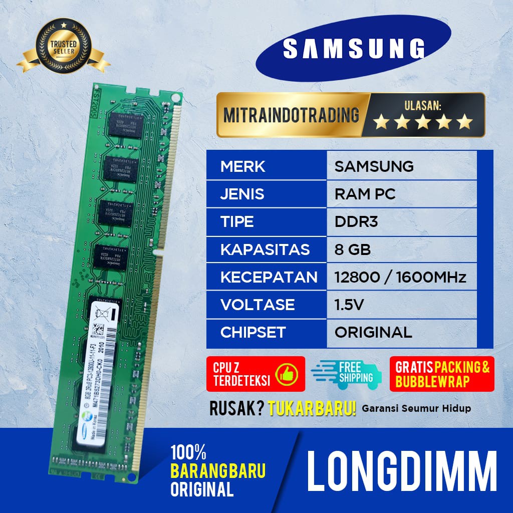 RAM SAMSUNG LONGDIMM DDR3 8GB PC12800 BERGARANSI