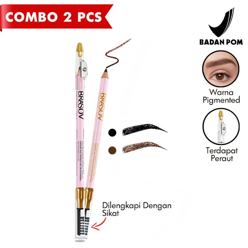 Brasov Pensil Alis 3 IN 1 + Serutan + Sikat 2.5 GR Eyebrow Pencil TYPE A Pigmented Hitam Coklat