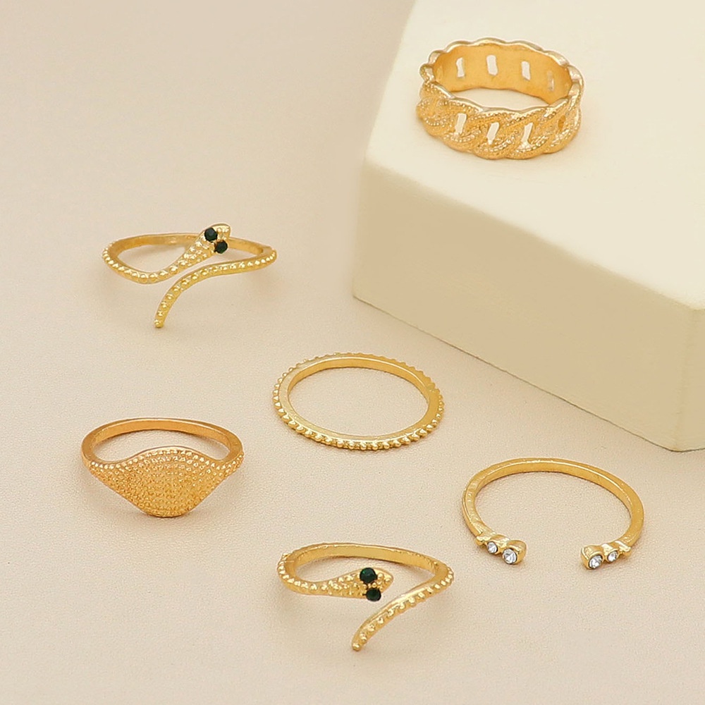 6pcs / set Cincin Model Terbuka Desain Rantai Ular Asimetris Gaya Eropa Amerika Untuk Wanita