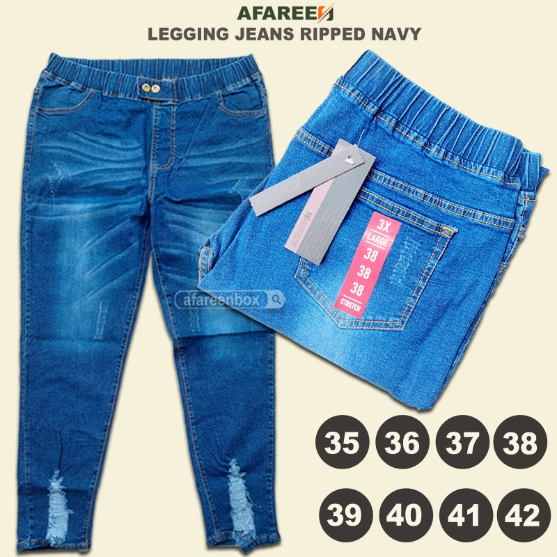 AFAREEN - Celana Jeans Wanita Ripped Whisker Legging Jeans Ripped Button Melar Pinggang Karet Jumbo 35-42