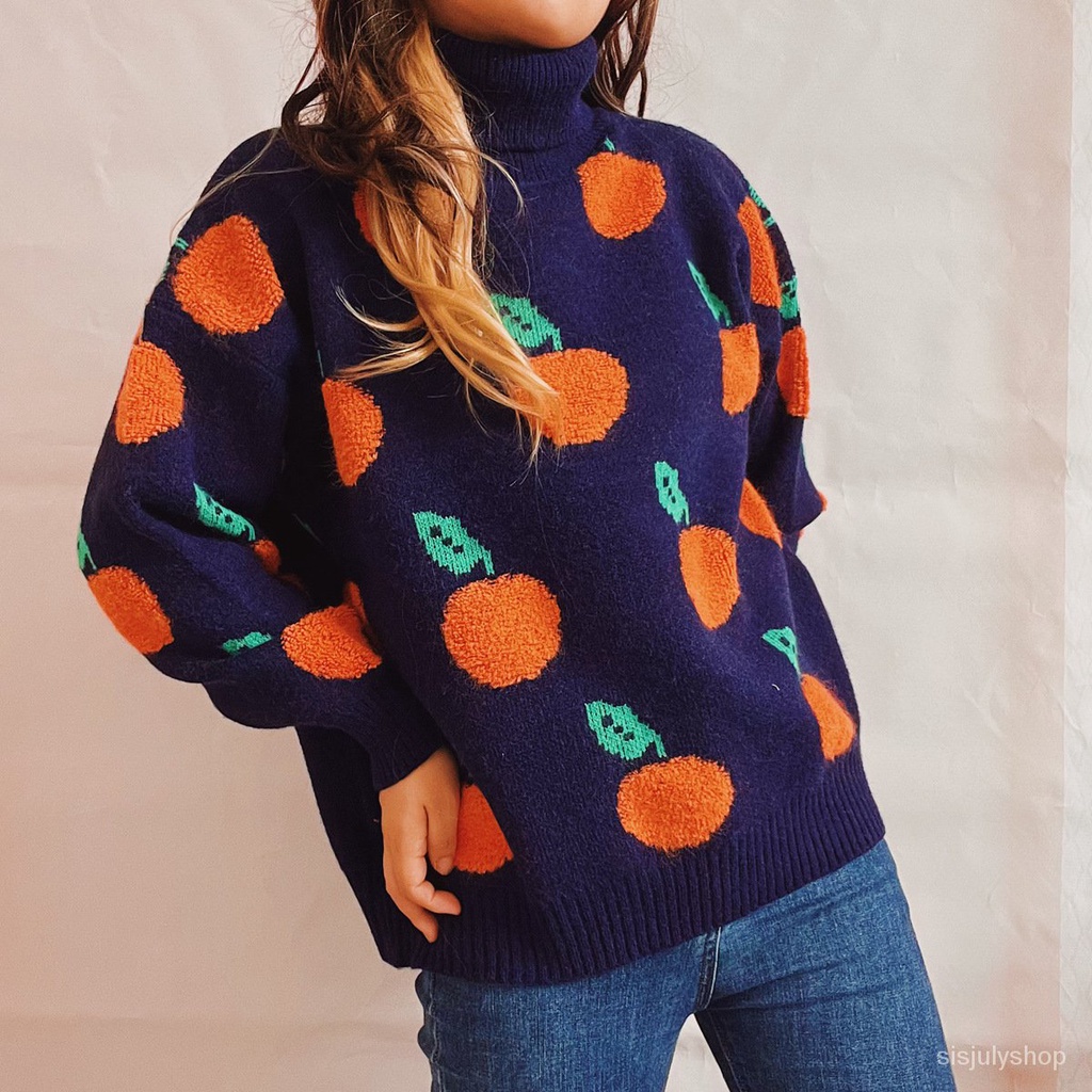 #Sisjuly# Wanita Baru Kasual Tinggi Leher Lengan Panjang Tebal Longgar Orange Berkelompok Sweater Pu