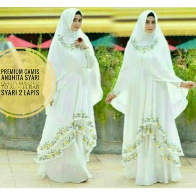 Baju butik Premium Gamis Andhita White syari set hijab lebaran busana muslim pesta mewah agrabutik