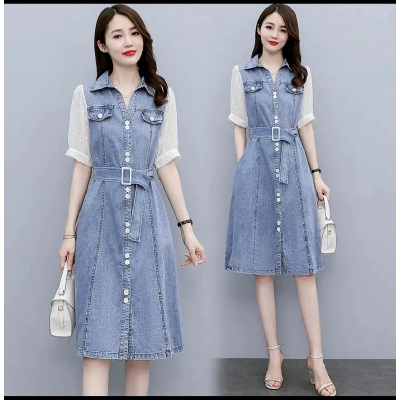 DRESS JEANS WANITA/TUNIK JEANS LENGAN PDK KOMBI SIFON