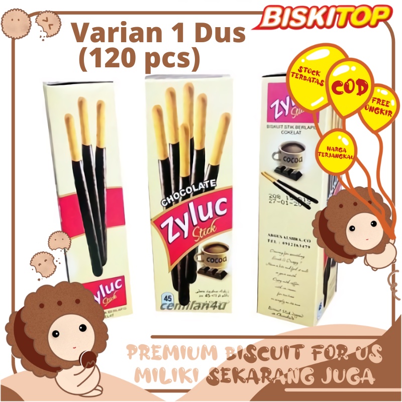 

BISKITOP - ZYLUC STICK BOX (1 DUS 120 PCS) 6 Kg Biskuit Stick Kue Kering Stick Anak Dewasa Enak Renyah Coklat