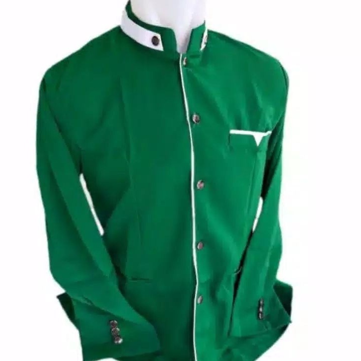 jas Koko Busana Muslim Pria Dewasa Motif Kekinian Warna Hijau lis putih Lengan Panjang Terbaru 2024