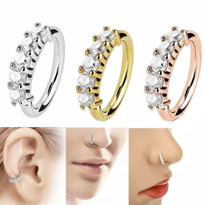 Cincin Hidung Telinga Hoop Helix 3 Warna Kristal Berlian Imitasi