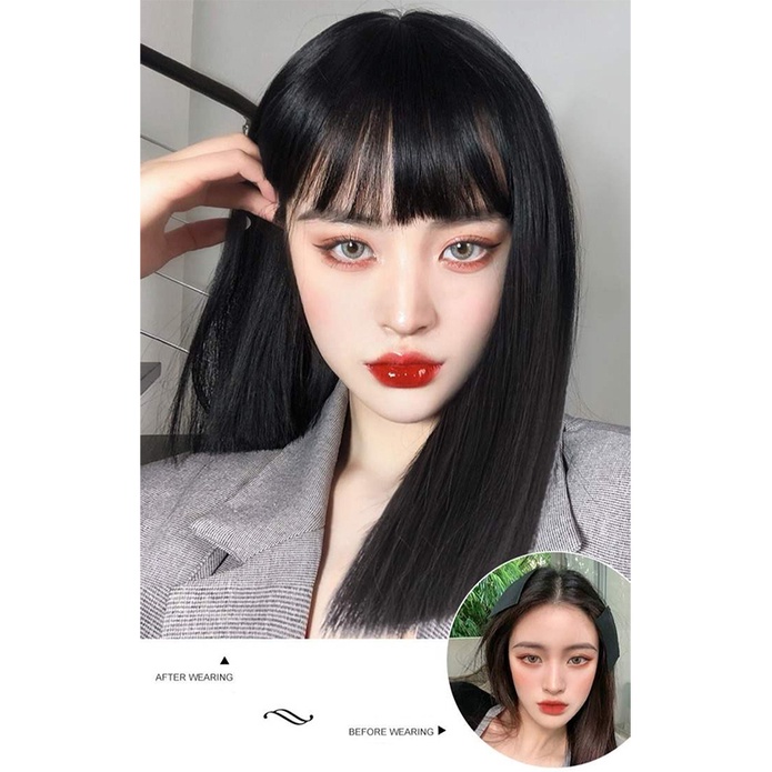 Wig Full Wanita Rambut Palsu Short Straight Wig Cewek Berponi Panjang Medium Korean Version / Wig Full Wanita