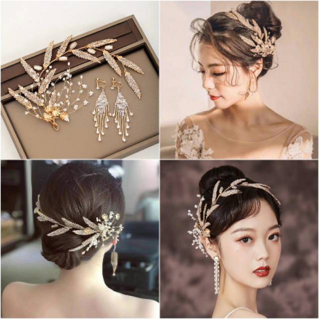 Hairpiece anting set hiasan rambut gold hairpiece premium diamond tiara wedding bridal HPC612