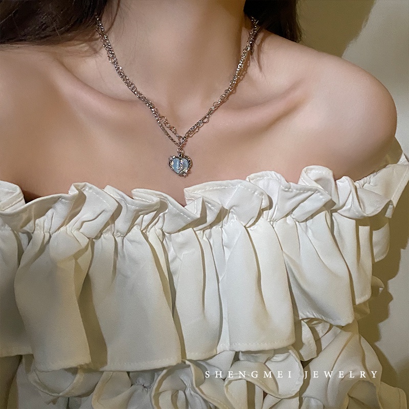 Kalung Choker Rantai Ganda Hias Liontin Hati Kristal Mutiara Warna Silver Untuk Wanita