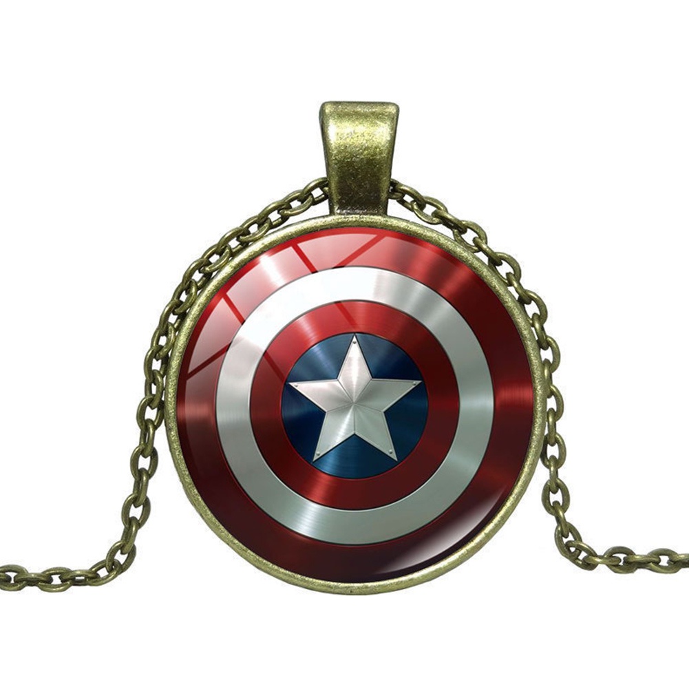 Hu Hu Hu Hu Hu Alat Bantu Pasang Kacamata♡ Kalung Rantai Dengan Liontin Kaca Cabochon Gambar Perisai Captain America Avenger