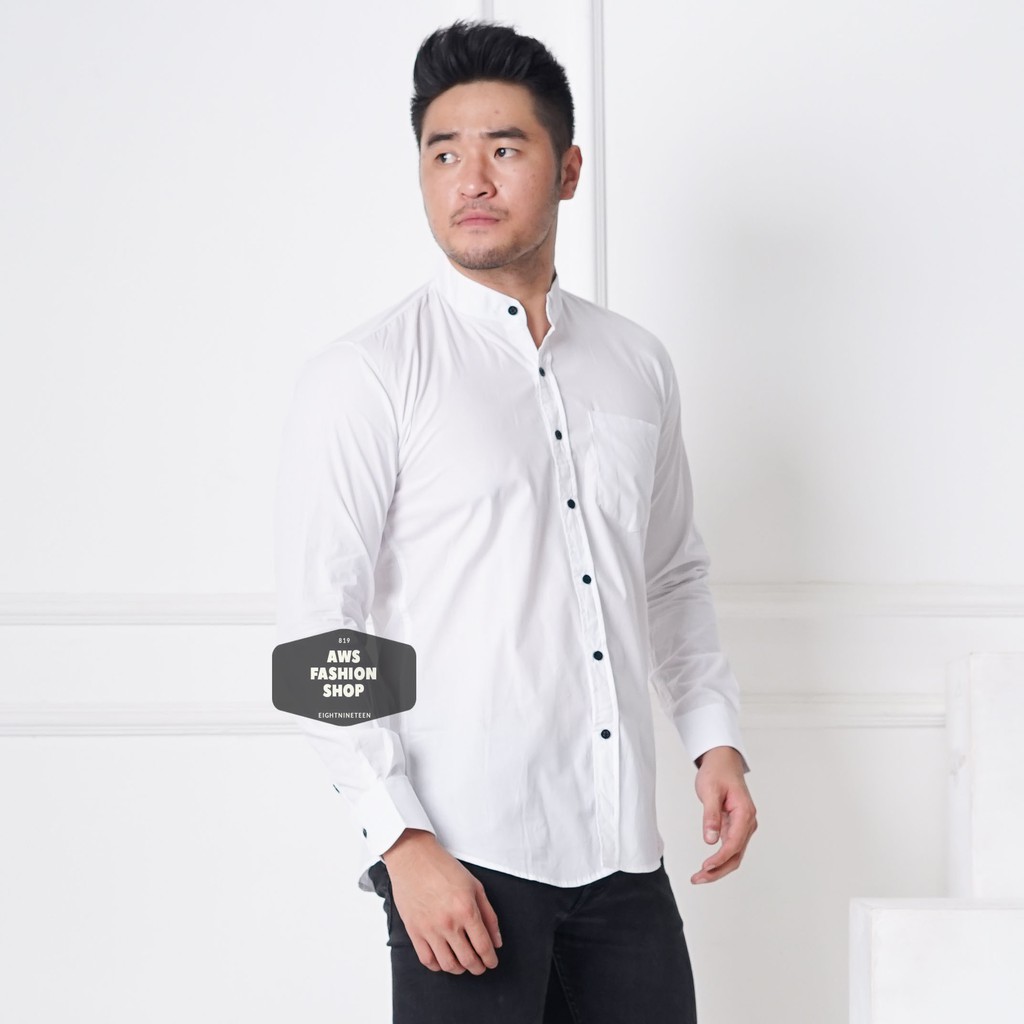 Kemeja Polos Pria Lengan Panjang Kerah Shanghai Kancing 1 Putih Banyak Warna Casual Slimfit 3340