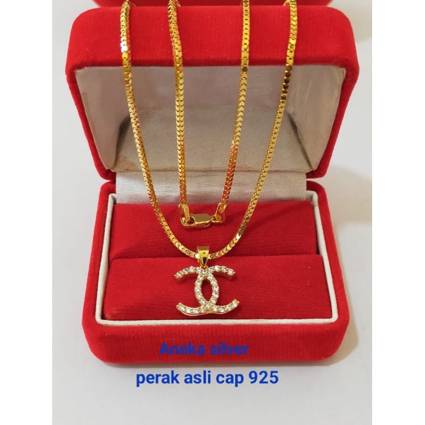 Kalung Milano Kaca + Liontin Chanel mata2, Perak 925, Sepuh Emas Kuning