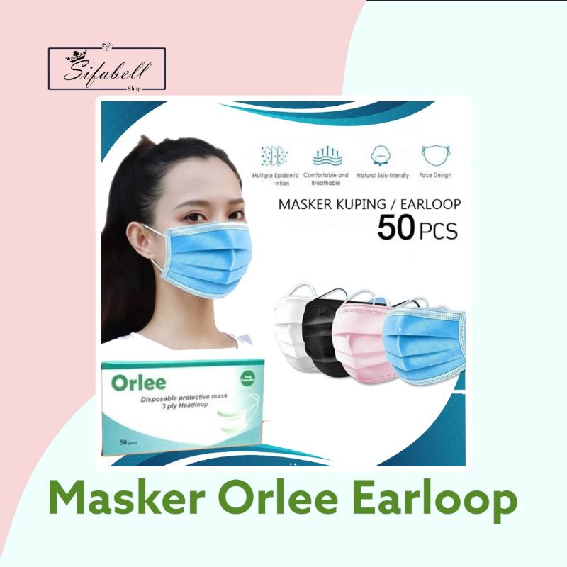 Masker Orlee Earloop 3ply Cantol Disposable Mask Isi 50 Pcs