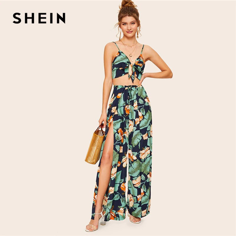 SHEIN Boho Knot Front Cami Crop Top and Wrap Split Wide Leg Pants 2 Piece Set Women Summer
