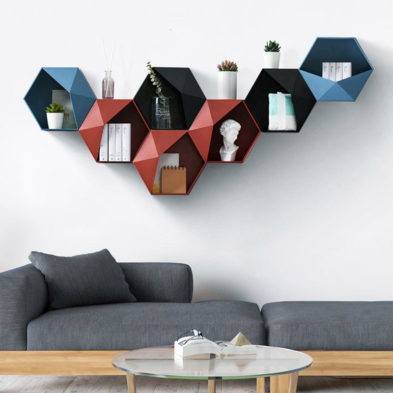 ☛TK☚ R353 KOTAK PENYIMPANAN HEXAGONAL GEOMETRIS GAYA NORDIC RAK GANTUNG DINDING UNTUK DEKORASI RUMAH