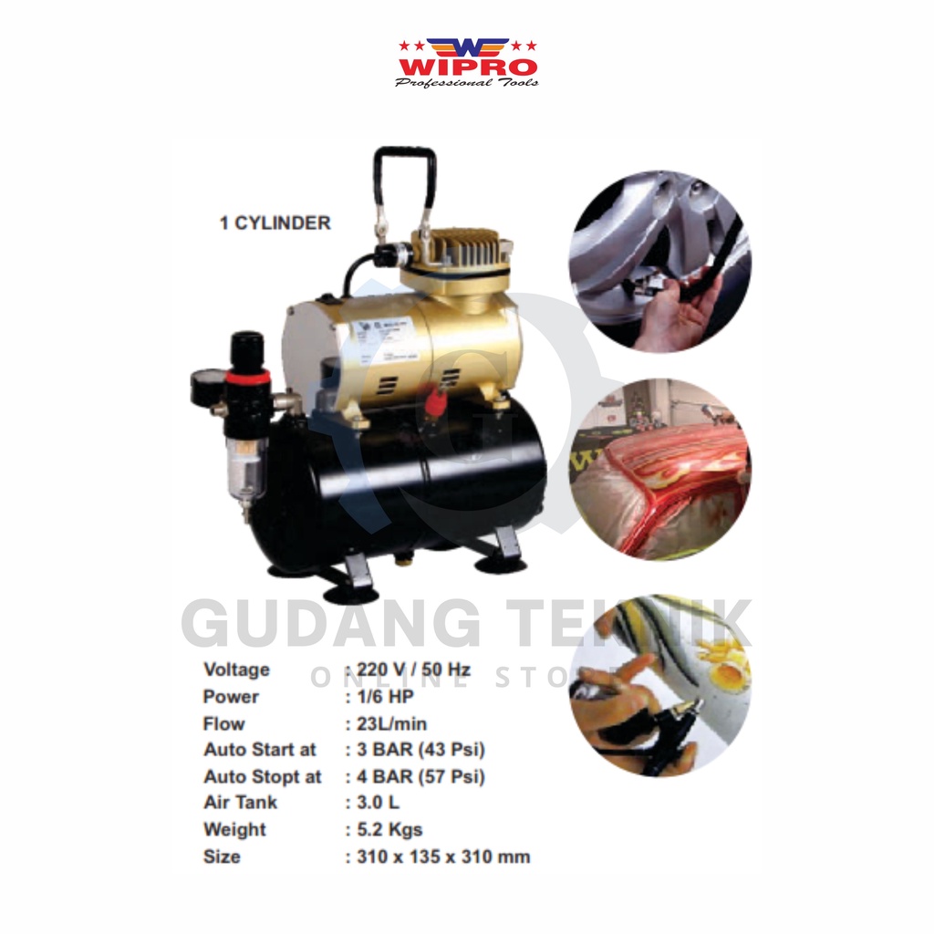 Kompresor Angin Mini Tanpa Oli 1/6 HP 3.0L WIPRO 4-KD / Mini Air Compressor 1/6Hp 3.0 Liter WIPRO 4KD - 1 Cylinder Silinder WIPRO 4 KD