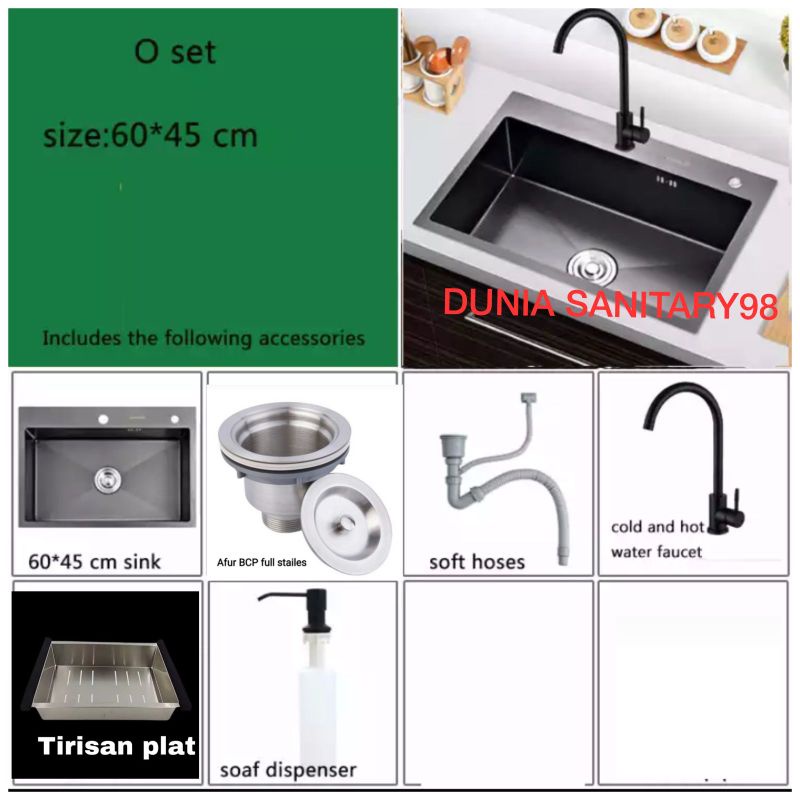 PROMO!! Paket Kitchen Sink GOLDEN HAND by ONAN 6045 BLACK/HITAM Bak cuci piring Stainless SUS 304