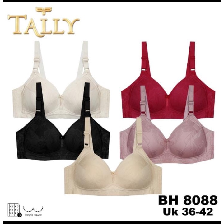 TALLY Bra Tanpa Kawat Bahan Katun Busa Tipis Cup C Kait 3 Bra Harian BH 8088 BABY SKIN