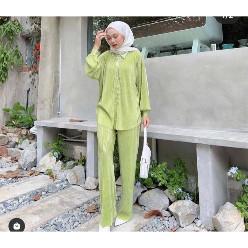 23125 ONE SET CELANA PJ KULOT PLISKET PLEADS ATASAN MODEL KEMEJA BELAH DEPAN OVERSIZED TANGAN 3/4 SETELAN PLISKET PLEADS CELANA KULOT SET BASIC WANITA PLISKET-3