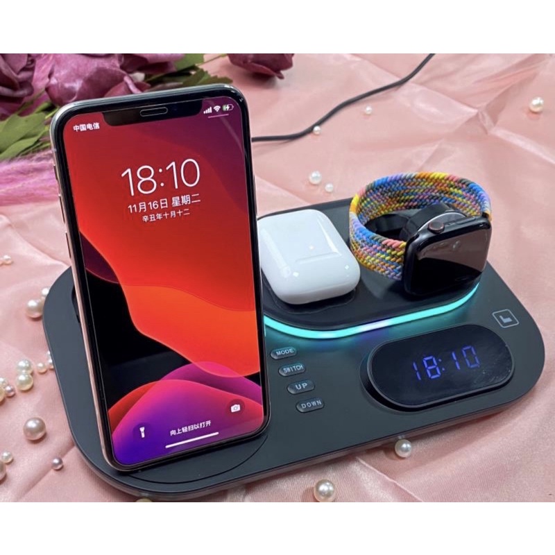 ELAVO Dock charging RGB Lampu Led wireless charger hp iphone 11 12 13 Pro max samsung note s20 apple watch series 1 2 3 4 5 6 SE airpods earbuds galaxy standing Foldable travel jam meja