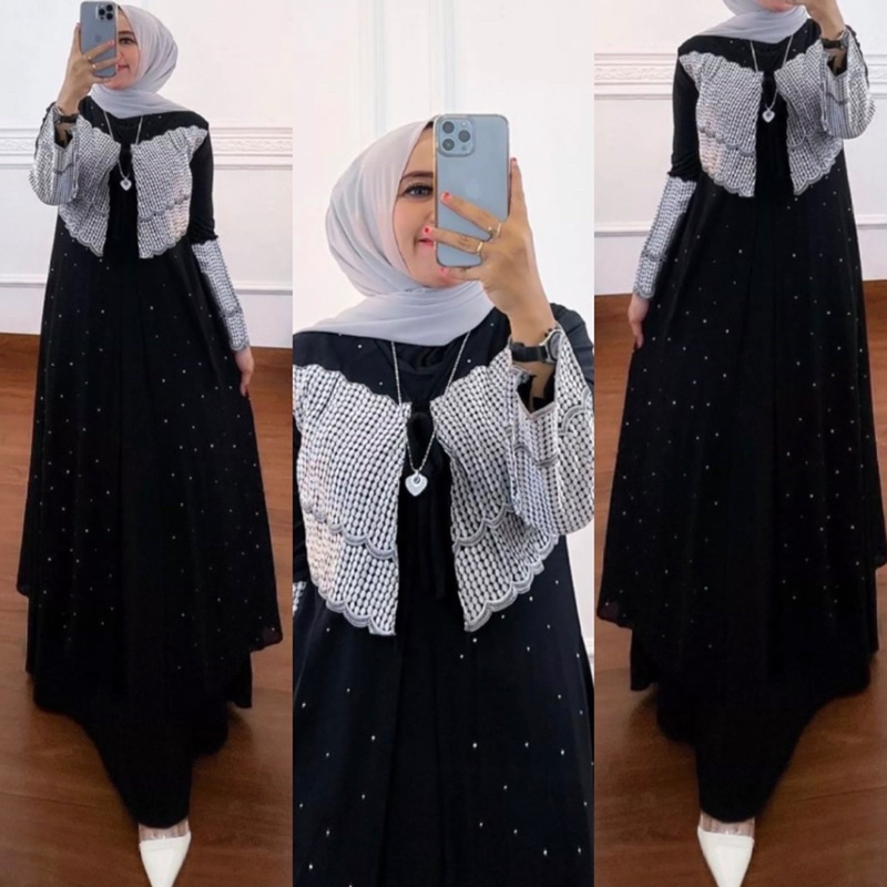 MF Store - Gamis Abaya Set Outer Rompi Lepas Pasang Terbaru - Dress Abaya Turkey Hitam Bordir Silver
