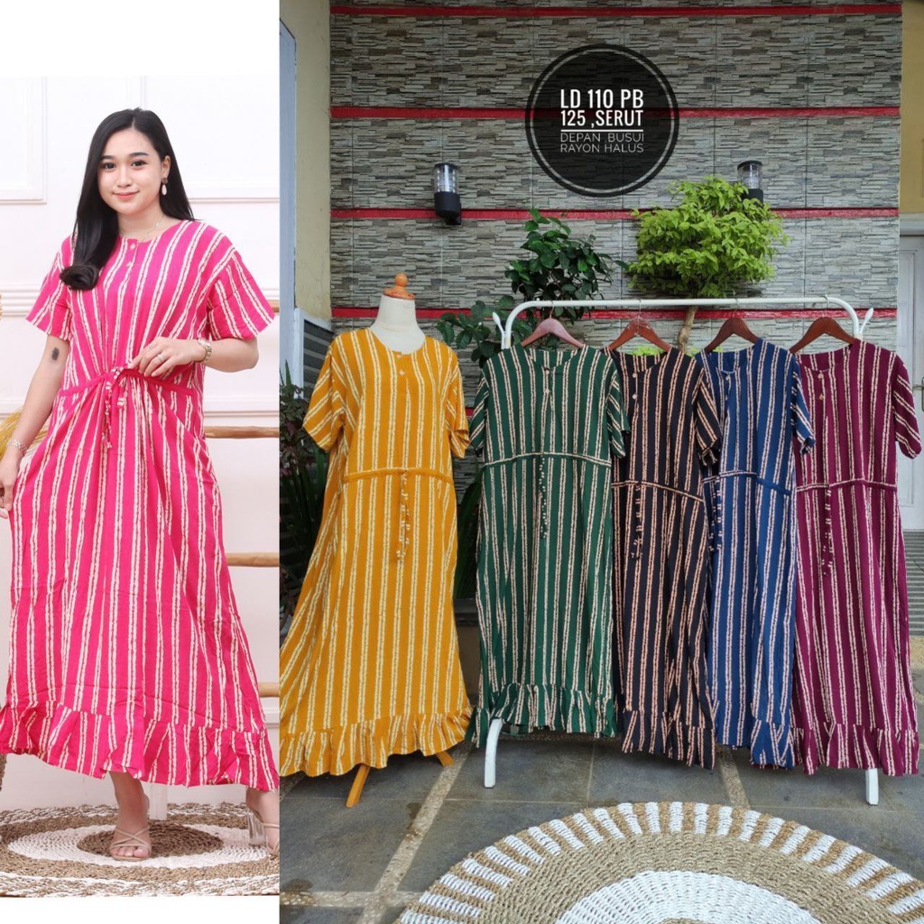 Daster Kekinian Salur Serut Rayon Premium Dress Wanita Lengan Pendek Baju Casual LD 110 cm