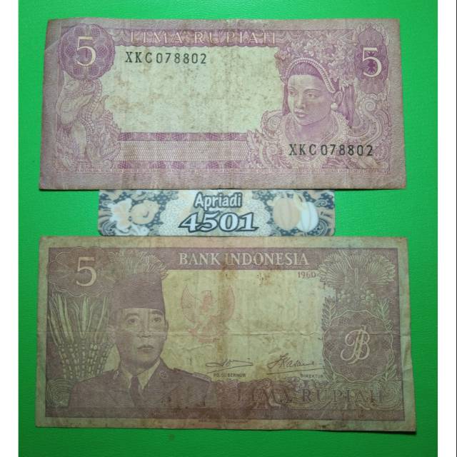 UK146 UANG KUNO ASLI 5 RUPIAH SERI SUKARNO/SOEKARNO TAHUN 1960 UANG KERTAS LAMA MAHAR NIKAH #VFB