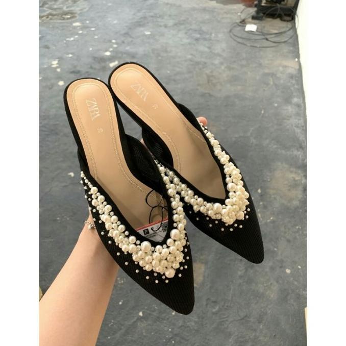 SEPATU SANDAL ZARA SLIP ON FLAT BEAD PEARL SHOES ZR 296 HEELS 1.5 CM