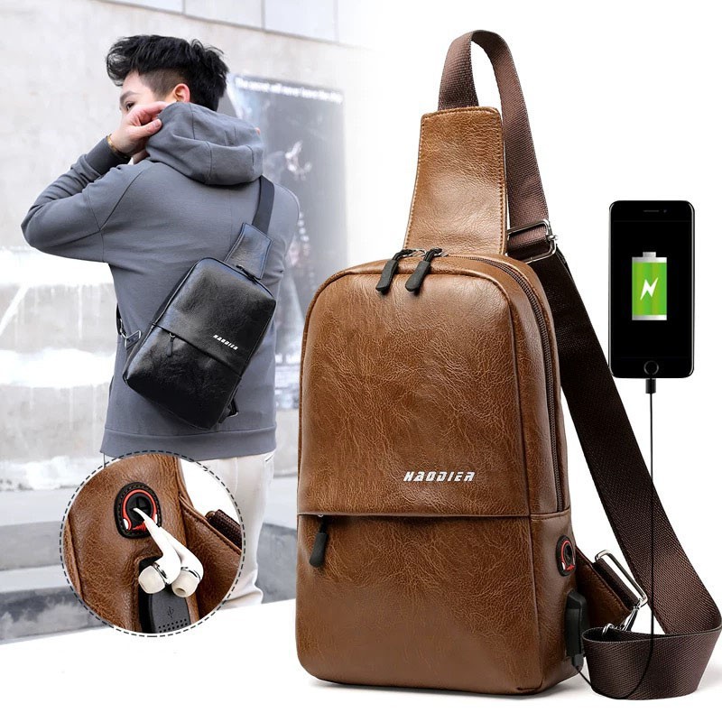 Tas Kulit Pria/Tas Selempang Kulit/Sling Bag Slempang Pria USB Tas/Tas Bag Pria USB Port Polos