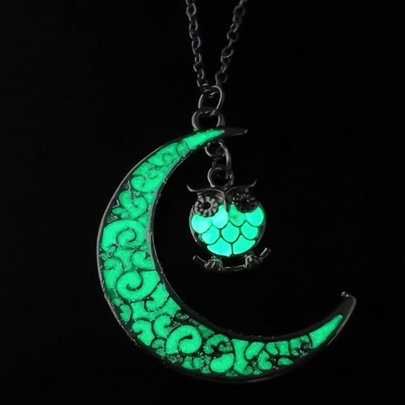 Kalung Lapis Silver Desain Burung Hantu Glow In The Dark Untuk Pria Dan Wanita