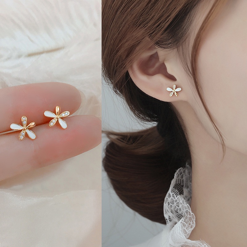 Anting Tusuk Motif Bunga Bahan Alloy Hias Berlian Imitasi Untuk Wanita