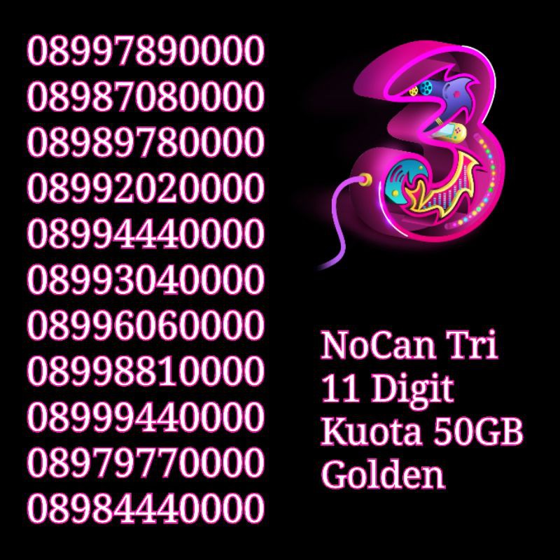 Nomor Cantik NOCAN 11 Digit Kuartet Kartu Perdana Tri Three 4G LTE Kuota 50 GB Golden
